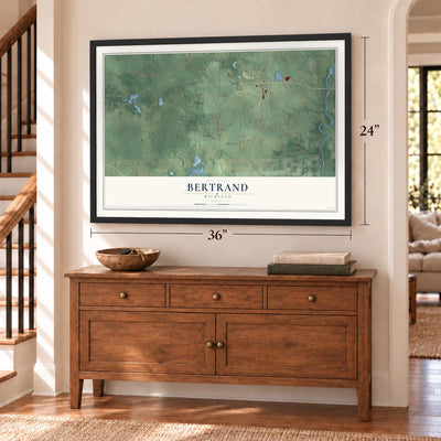 Bertrand, Michigan map, 24 x 36 inch print in a black frame above a dresser by a staircase