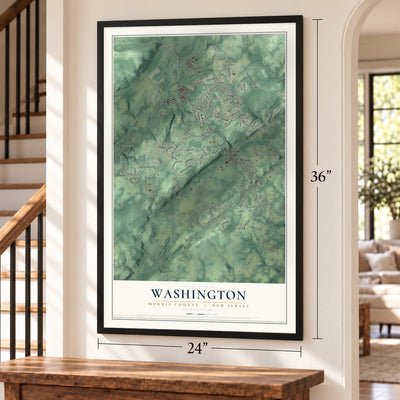 Washington, Morris County, New Jersey map, 24 x 36 inch print in a black frame by a staircase