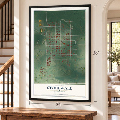 Stonewall, Oklahoma map, 24 x 36 inch print in a black frame by a staircase