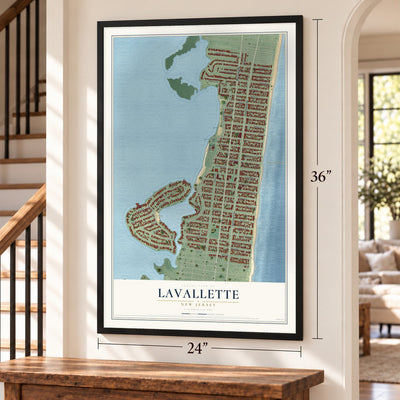 Lavallette, New Jersey map, 24 x 36 inch print in a black frame by a staircase