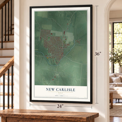 New Carlisle, Ohio map, 24 x 36 inch print in a black frame by a staircase