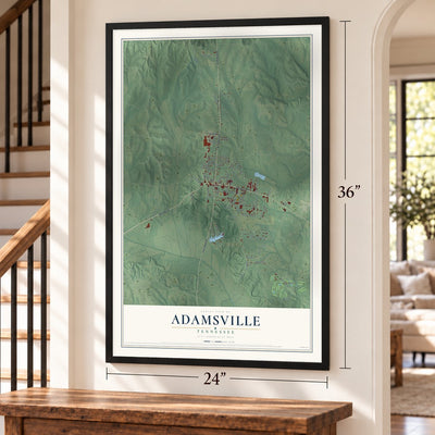 Adamsville, Tennessee map, 24 x 36 inch print in a black frame by a staircase