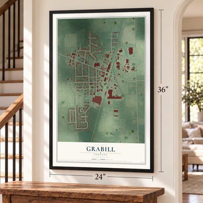 Grabill, Indiana map, 24 x 36 inch print in a black frame by a staircase