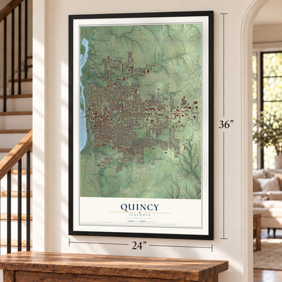 Quincy, Illinois map, 24 x 36 inch print in a black frame by a staircase