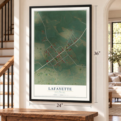 LaFayette, Kentucky map, 24 x 36 inch print in a black frame by a staircase