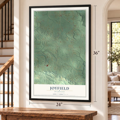 Joyfield, Michigan map, 24 x 36 inch print in a black frame by a staircase