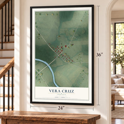 Vera Cruz, Indiana map, 24 x 36 inch print in a black frame by a staircase
