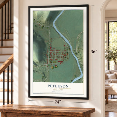 Peterson, Minnesota map, 24 x 36 inch print in a black frame by a staircase
