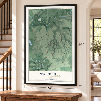 Waite Hill, Ohio map, 24 x 36 inch print in a black frame by a staircase