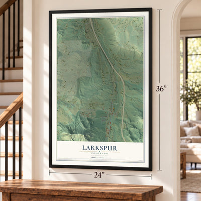 Larkspur, Colorado map, 24 x 36 inch print in a black frame by a staircase