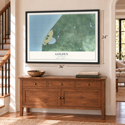 Golden, Michigan map, 24 x 36 inch print in a black frame above a dresser by a staircase