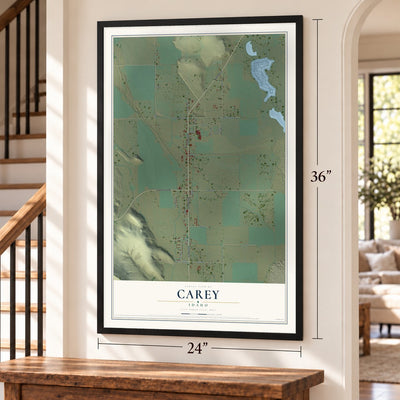 Carey, Idaho map, 24 x 36 inch print in a black frame by a staircase