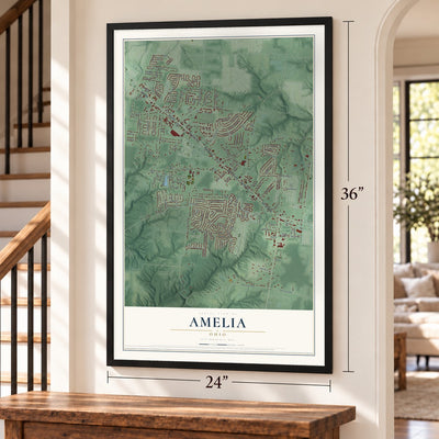 Amelia, Ohio map, 24 x 36 inch print in a black frame by a staircase