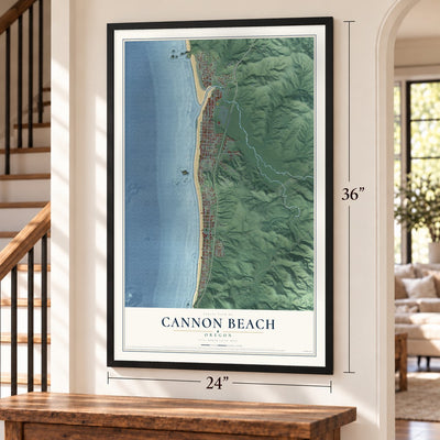 Cannon Beach, Oregon map, 24 x 36 inch print in a black frame by a staircase