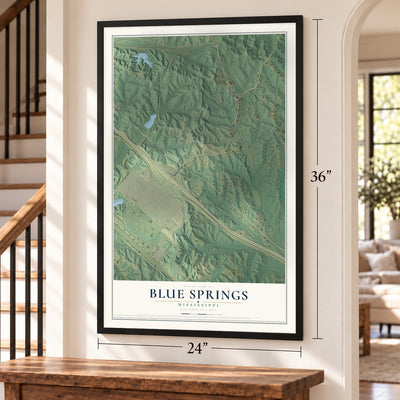 Blue Springs, Mississippi map, 24 x 36 inch print in a black frame by a staircase