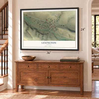 Lexington, Oregon map, 24 x 36 inch print in a black frame above a dresser by a staircase