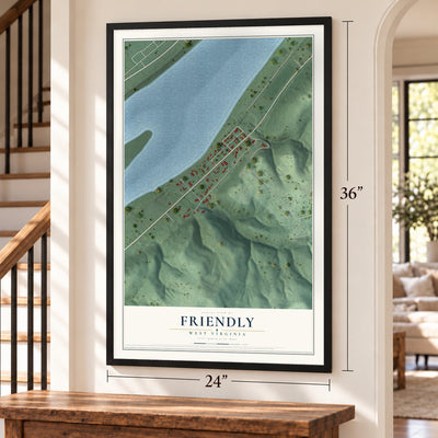 Friendly, West Virginia map, 24 x 36 inch print in a black frame by a staircase
