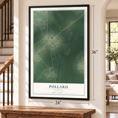 Pollard, Alabama map, 24 x 36 inch print in a black frame by a staircase