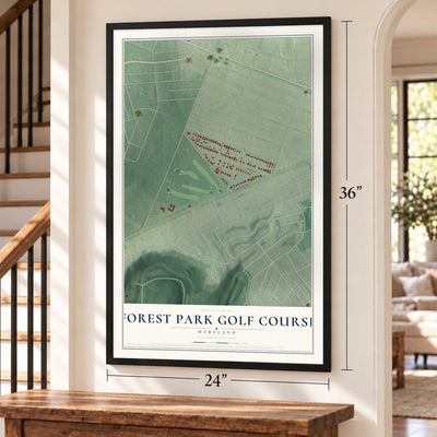 Forest Park Golf Course, Maryland map, 24 x 36 inch print in a black frame by a staircase