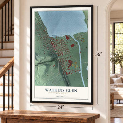 Watkins Glen, New York map, 24 x 36 inch print in a black frame by a staircase