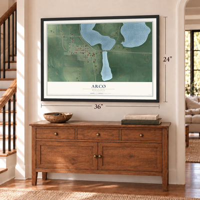Arco, Minnesota map, 24 x 36 inch print in a black frame above a dresser by a staircase
