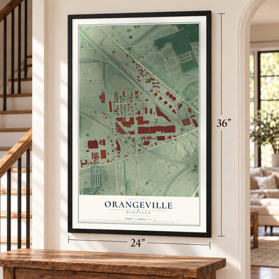 Orangeville, Maryland map, 24 x 36 inch print in a black frame by a staircase