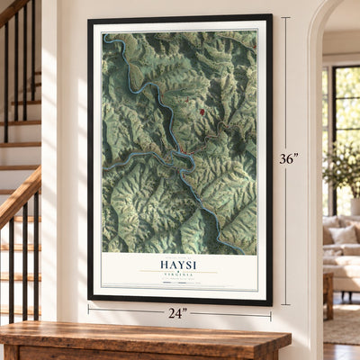 Haysi, Virginia map, 24 x 36 inch print in a black frame by a staircase