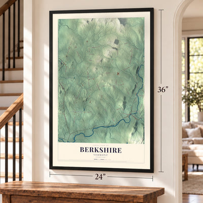 Berkshire, Vermont map, 24 x 36 inch print in a black frame by a staircase