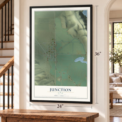 Junction, Utah map, 24 x 36 inch print in a black frame by a staircase