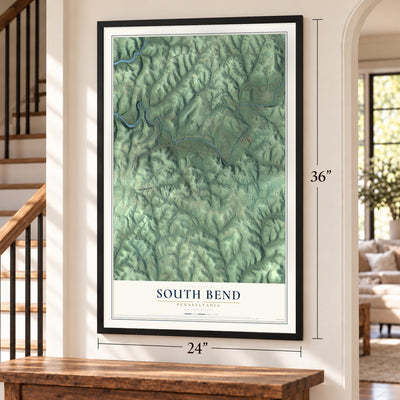 South Bend, Pennsylvania map, 24 x 36 inch print in a black frame by a staircase