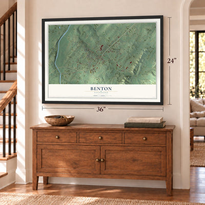 Benton, Tennessee map, 24 x 36 inch print in a black frame above a dresser by a staircase
