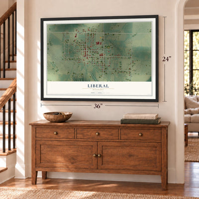 Liberal, Missouri map, 24 x 36 inch print in a black frame above a dresser by a staircase