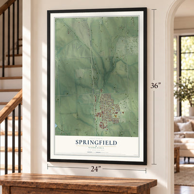 Springfield, Nebraska map, 24 x 36 inch print in a black frame by a staircase