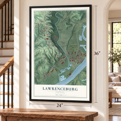 Lawrenceburg, Indiana map, 24 x 36 inch print in a black frame by a staircase