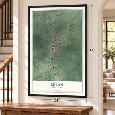 Milan, Tennessee map, 24 x 36 inch print in a black frame by a staircase