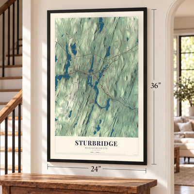 Sturbridge, Massachusetts map, 24 x 36 inch print in a black frame by a staircase