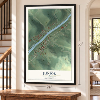 Junior, West Virginia map, 24 x 36 inch print in a black frame by a staircase
