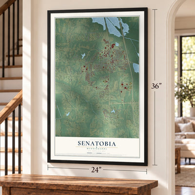 Senatobia, Mississippi map, 24 x 36 inch print in a black frame by a staircase