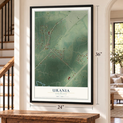 Urania, Louisiana map, 24 x 36 inch print in a black frame by a staircase