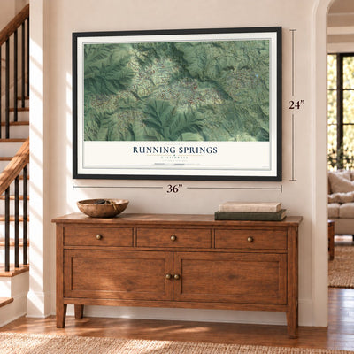 Running Springs, California map, 24 x 36 inch print in a black frame above a dresser by a staircase