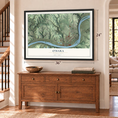 O'Hara, Pennsylvania map, 24 x 36 inch print in a black frame above a dresser by a staircase