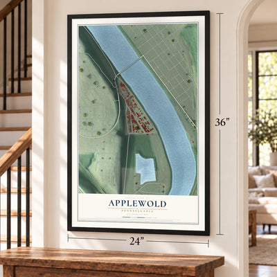 Applewold, Pennsylvania map, 24 x 36 inch print in a black frame by a staircase