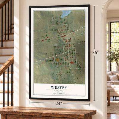 Westby, Montana map, 24 x 36 inch print in a black frame by a staircase