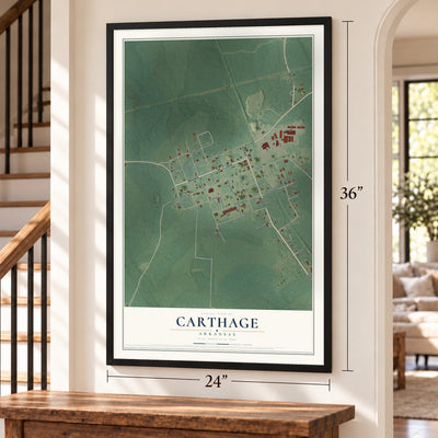 Carthage, Arkansas map, 24 x 36 inch print in a black frame by a staircase