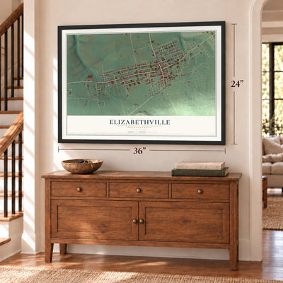 Elizabethville, Pennsylvania map, 24 x 36 inch print in a black frame above a dresser by a staircase