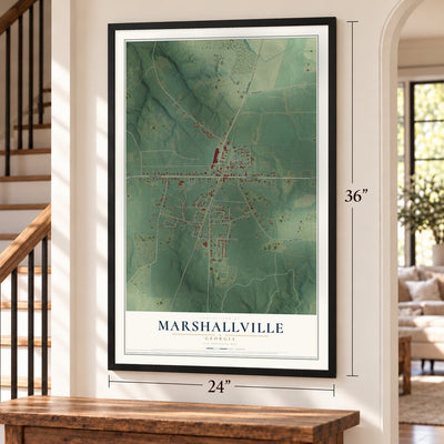 Marshallville, Georgia map, 24 x 36 inch print in a black frame by a staircase