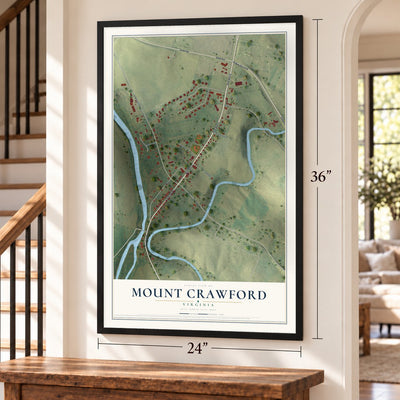 Mount Crawford, Virginia map, 24 x 36 inch print in a black frame by a staircase