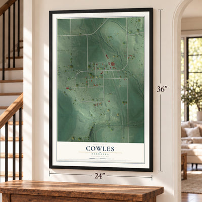 Cowles, Nebraska map, 24 x 36 inch print in a black frame by a staircase