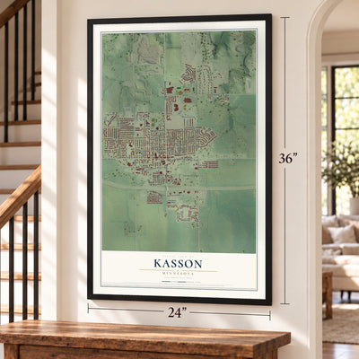 Kasson, Minnesota map, 24 x 36 inch print in a black frame by a staircase