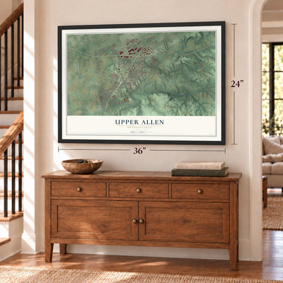 Upper Allen, Pennsylvania map, 24 x 36 inch print in a black frame above a dresser by a staircase